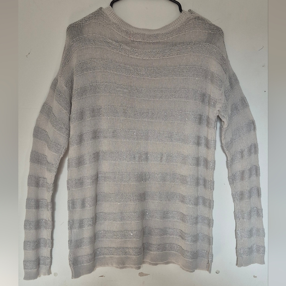 Elle Women's Light Gray Striped Crewneck Sweater - Picture 2 of 5